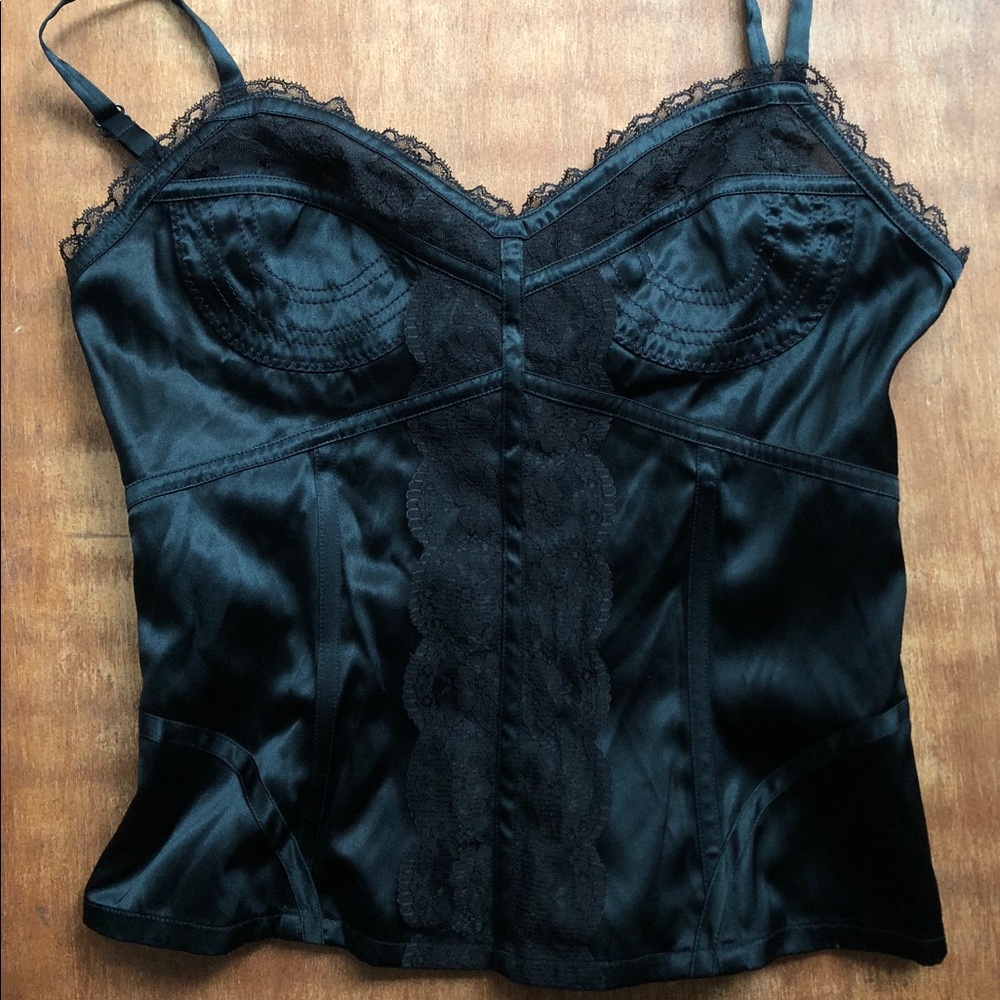 Sexy Black Satin and Lace Corset Top